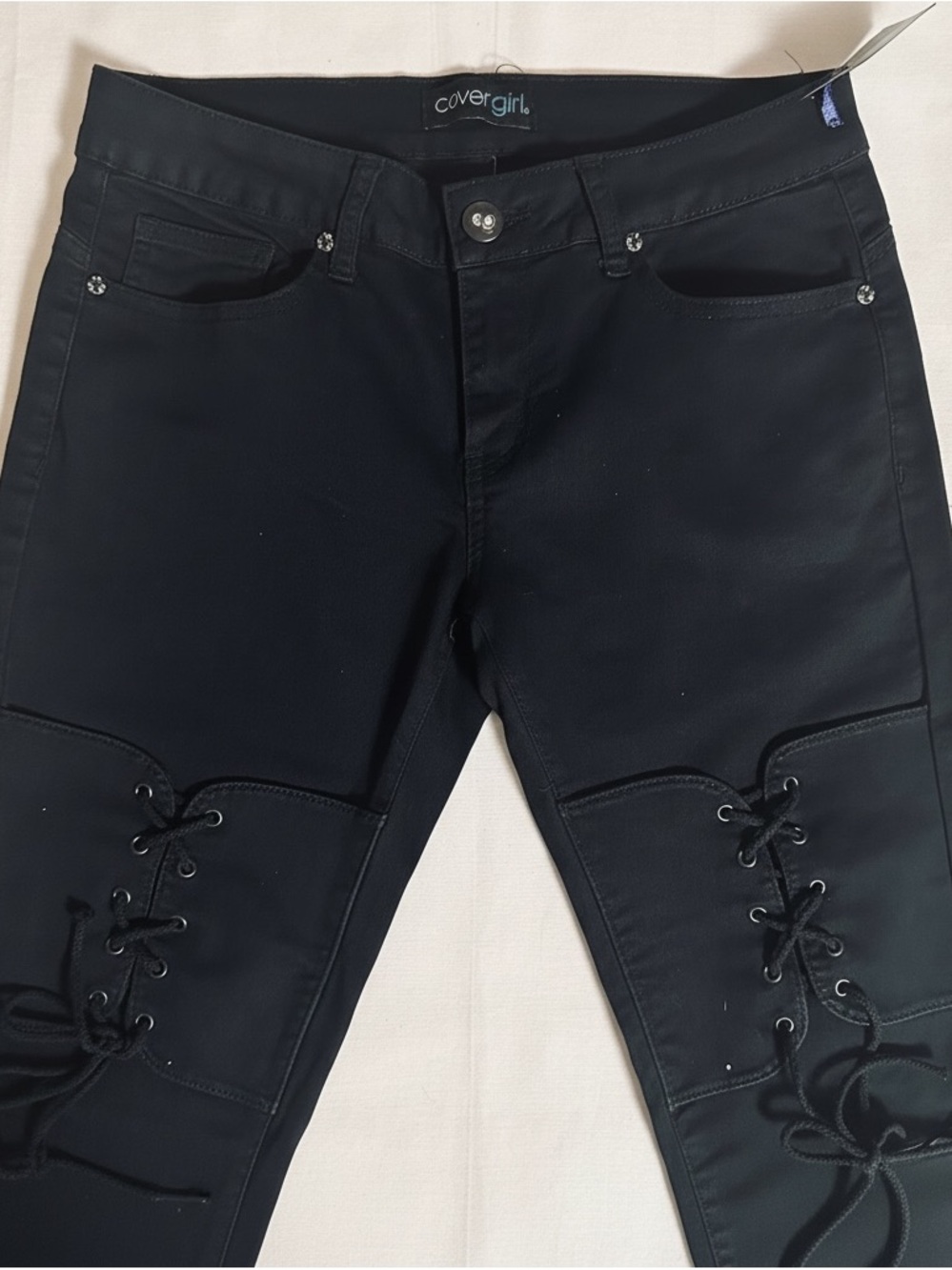 Cover Girl Black Corset Lace-Up Front Leg Skinny Jeans Size 9/10 Goth Punk NWT
